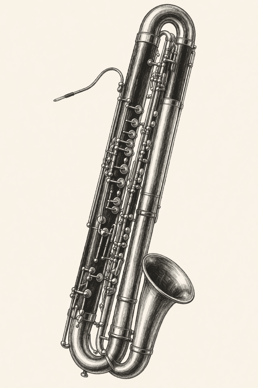A pencil drawing of a contrabassoon, its long bore folded upon itself, with bocal and downward-facing bell.