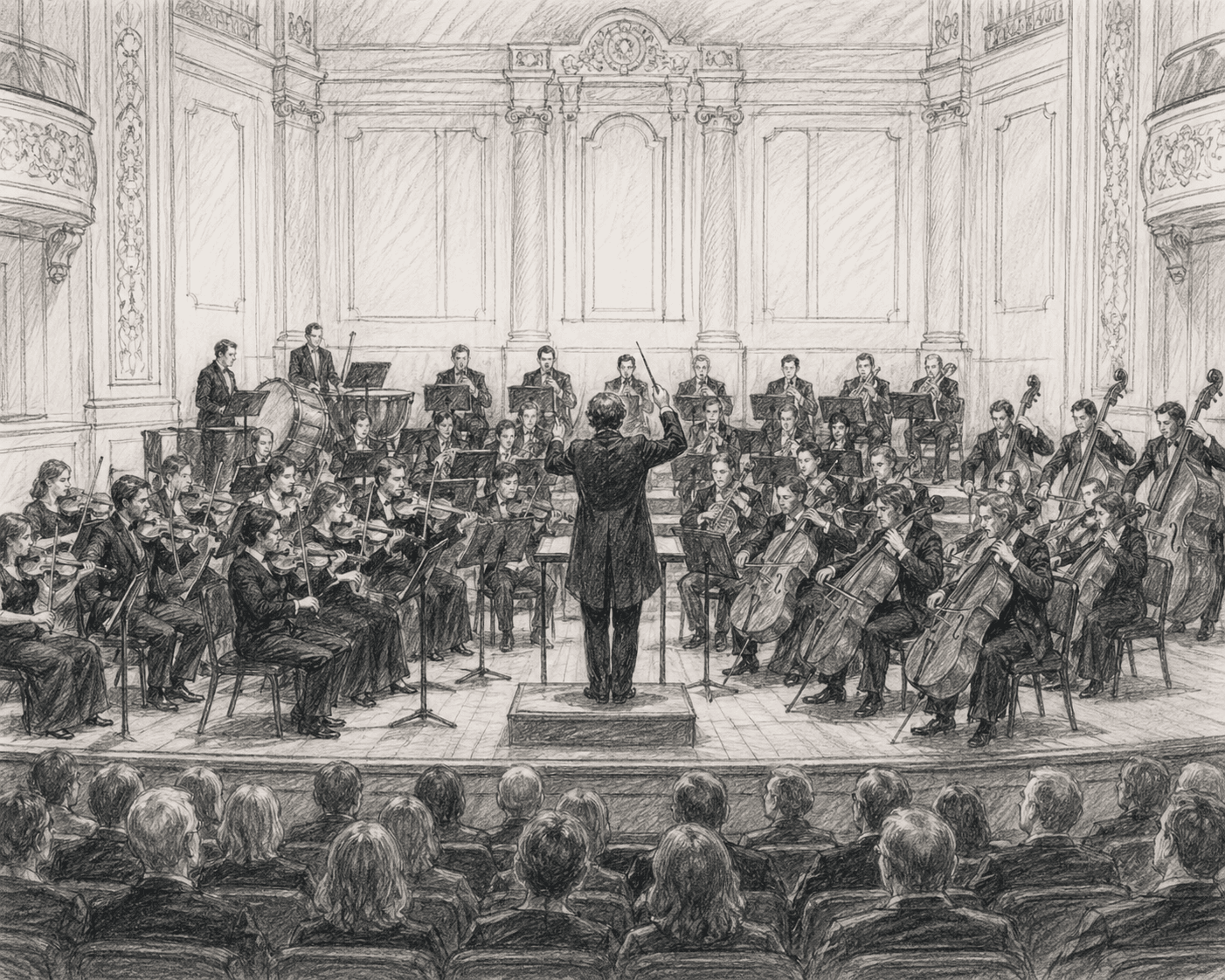 A pencil drawing of a symphony orchestra arranged upon the stage.