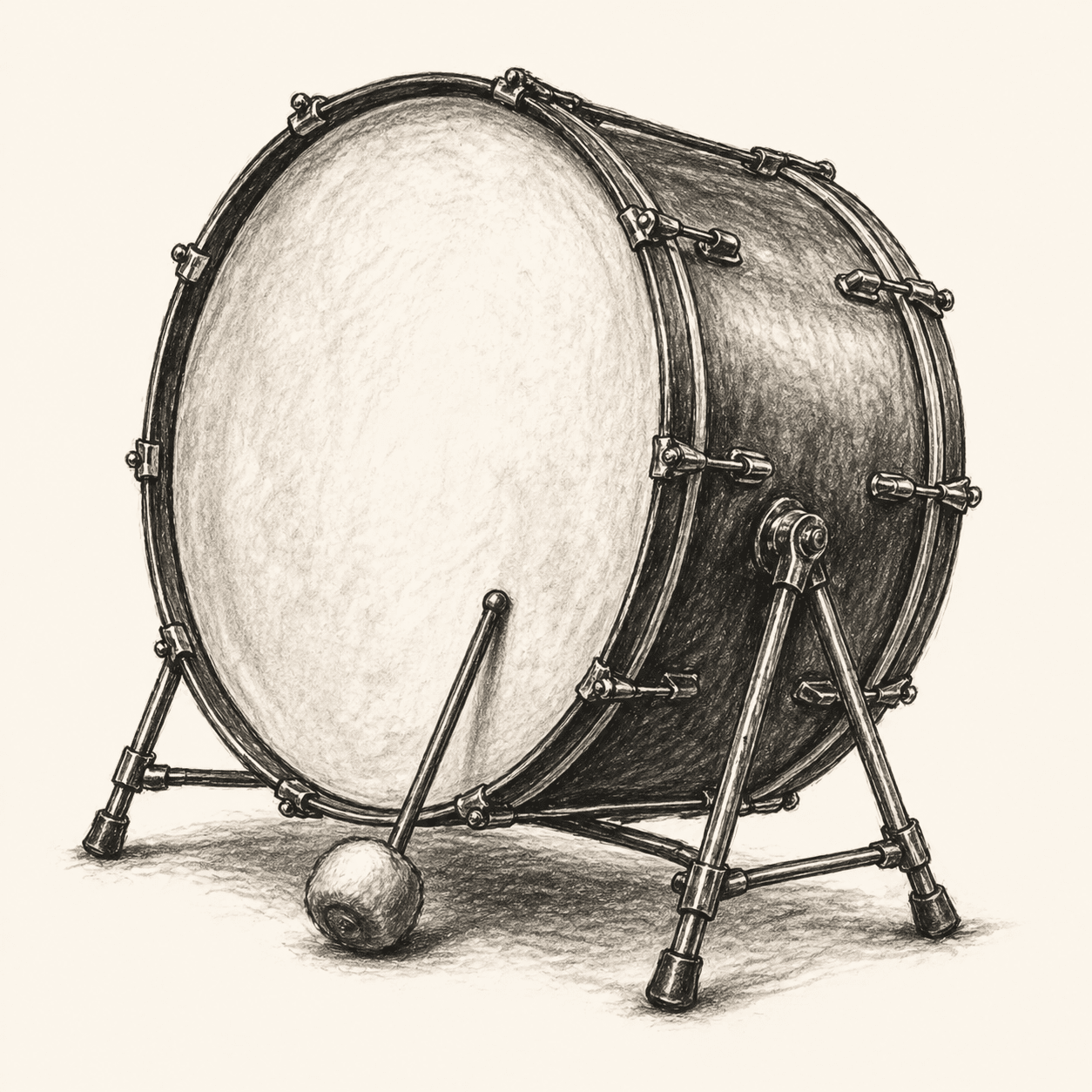 A pencil drawing of a concert bass drum, mounted upright in a wooden frame, with a felt-headed beater at its foot.