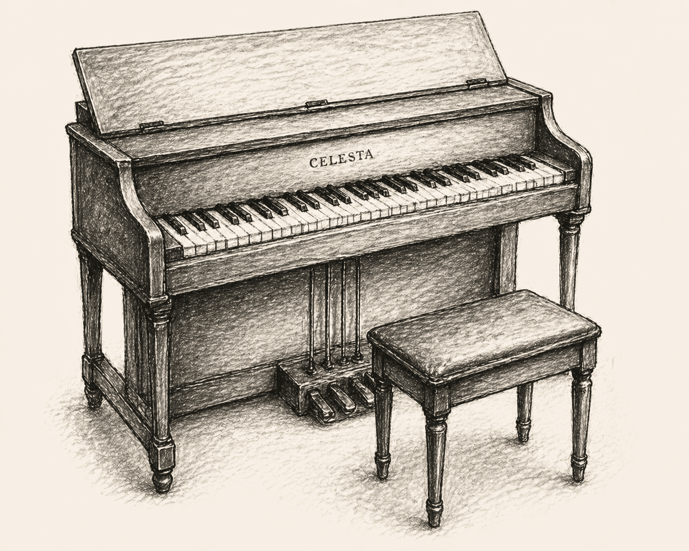 A pencil drawing of a celesta — a small upright cabinet with keyboard, pedals, and matching bench.
