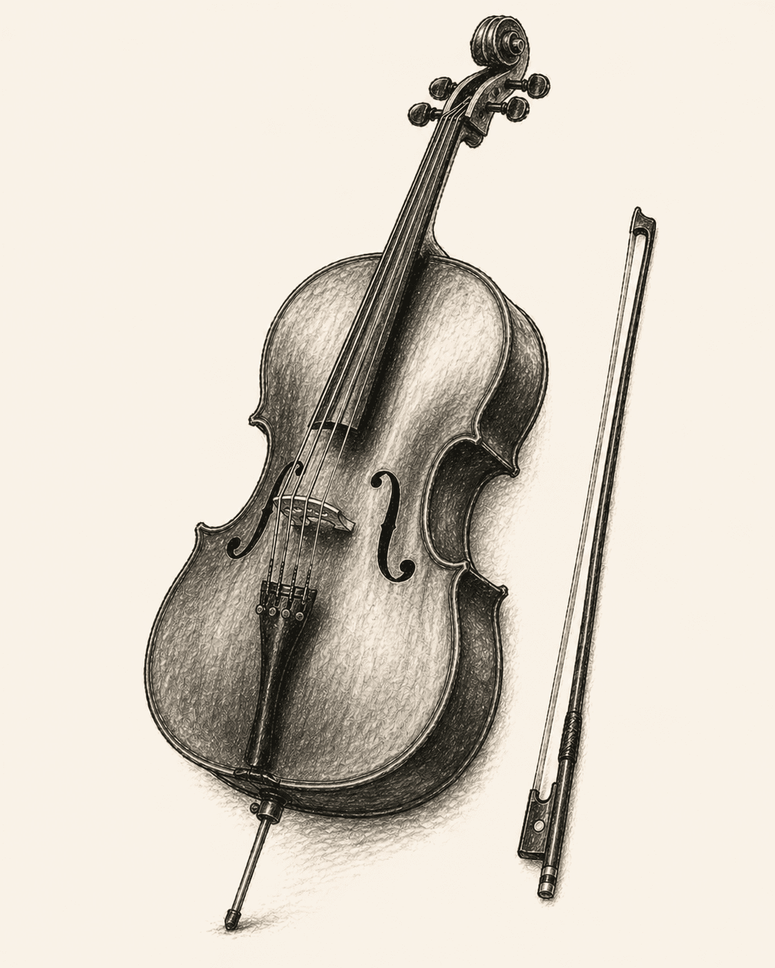 A pencil drawing of a violoncello shown beside its bow.