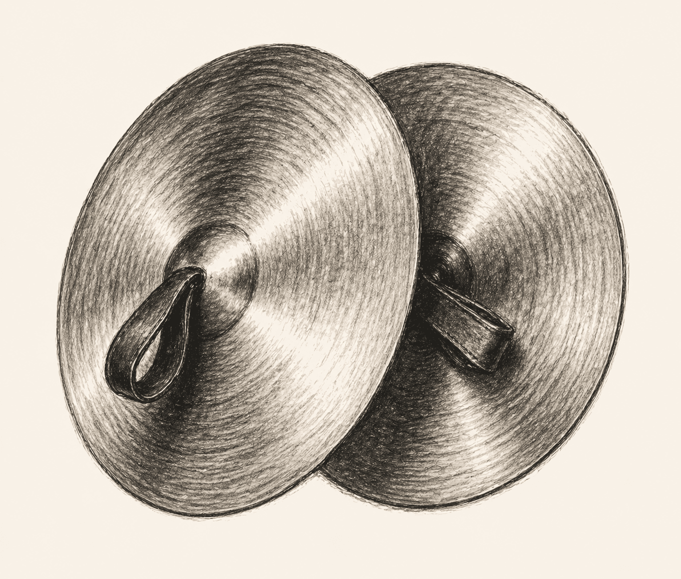 A pencil drawing of a pair of orchestral cymbals — two bronze discs with leather hand-straps, set face to face.