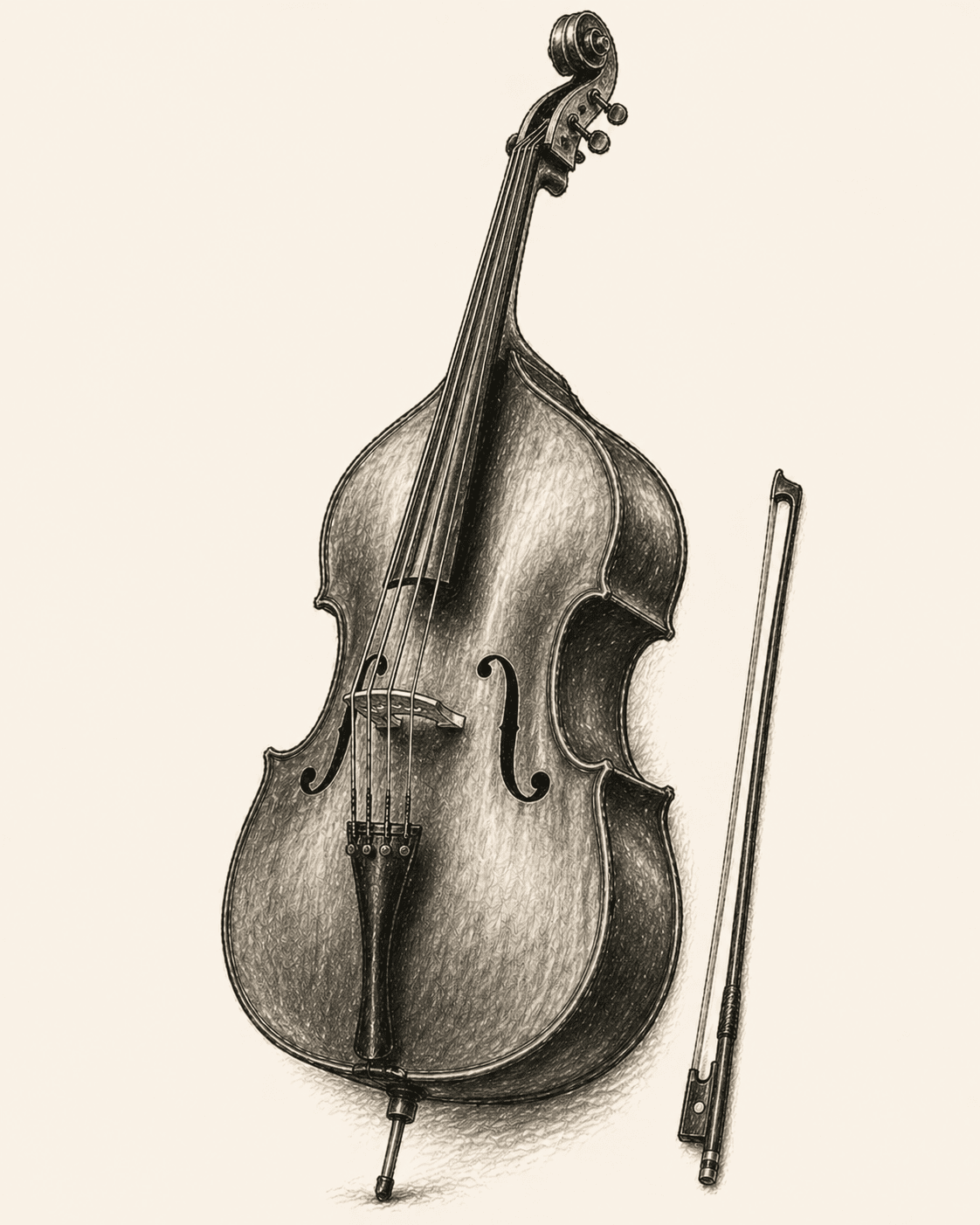 A pencil drawing of a double bass standing upright, with its bow alongside.