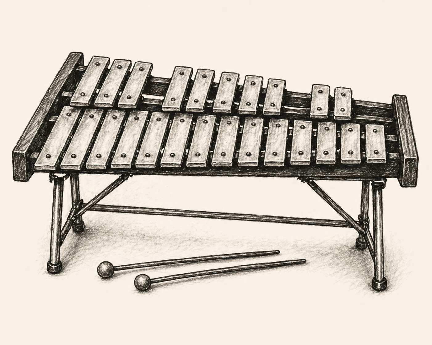A pencil drawing of a glockenspiel — chromatic bars in two ranks upon a stand, with a pair of mallets at rest.