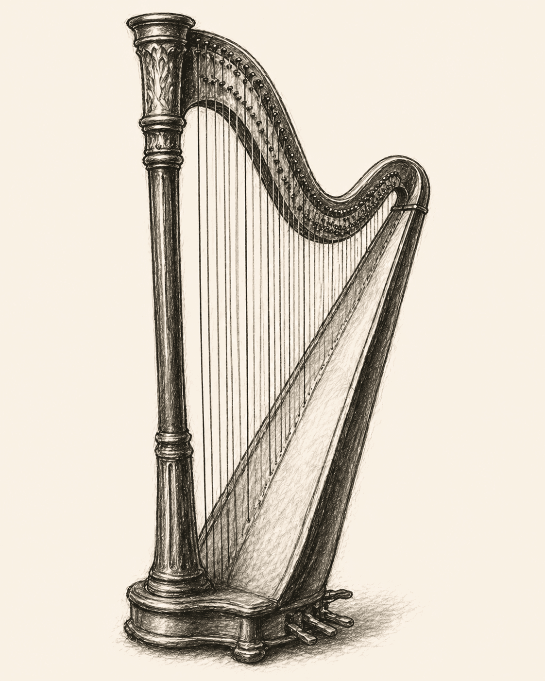 A pencil drawing of a concert harp, viewed from the player's right, with column, neck, and soundboard visible.