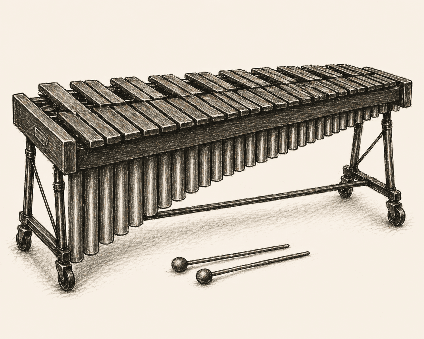 A pencil drawing of a five-octave concert marimba on its frame, with a pair of mallets resting on the floor.