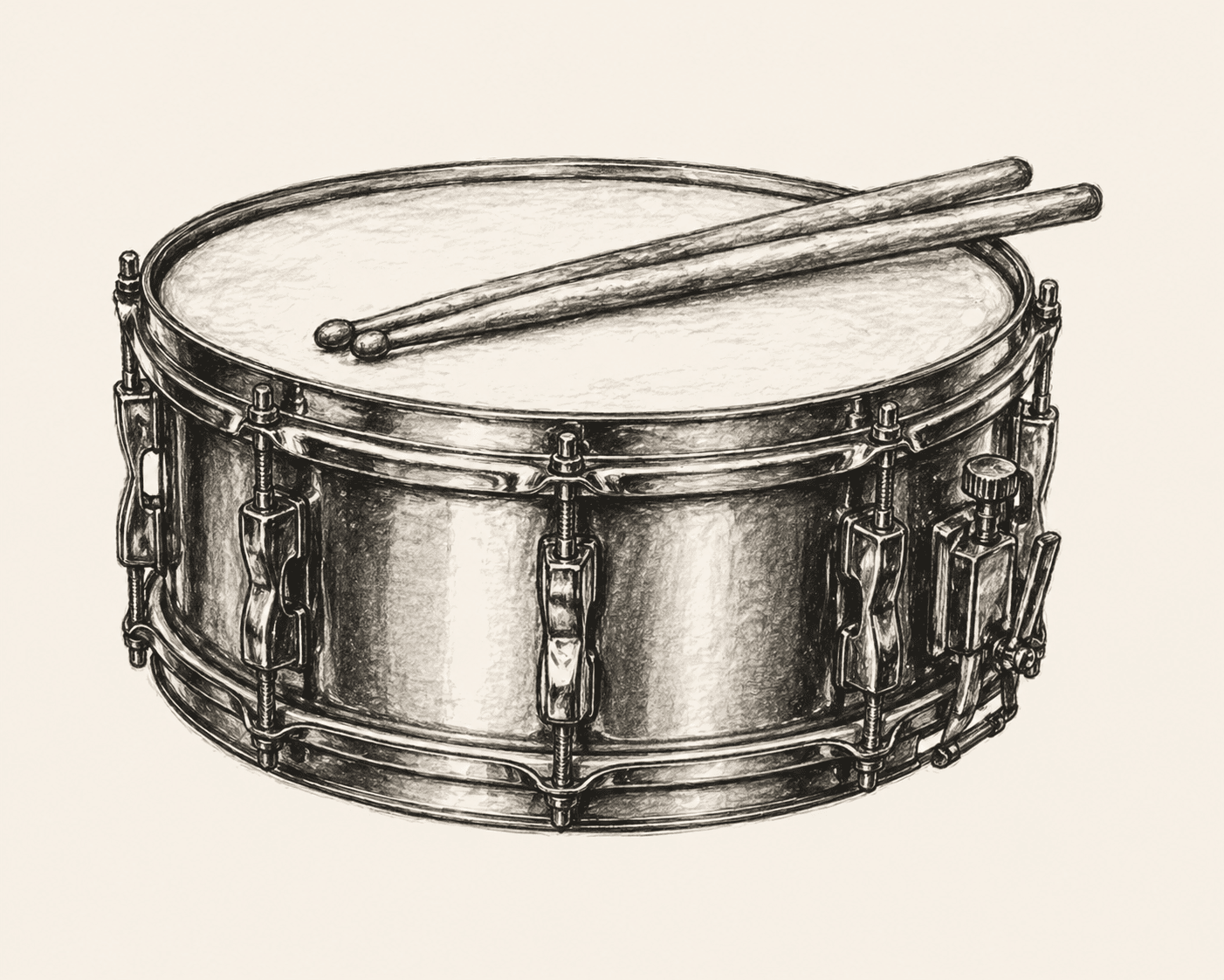 A pencil drawing of a snare drum, viewed from above with a pair of sticks resting across the batter head.