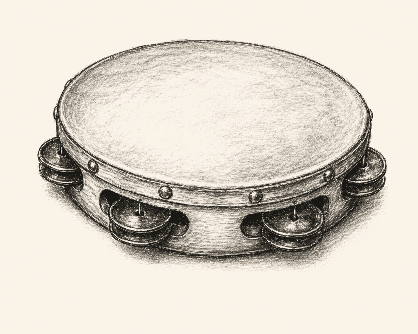 A pencil drawing of a tambourine, viewed at an angle, with paired jingles set into the wooden hoop.