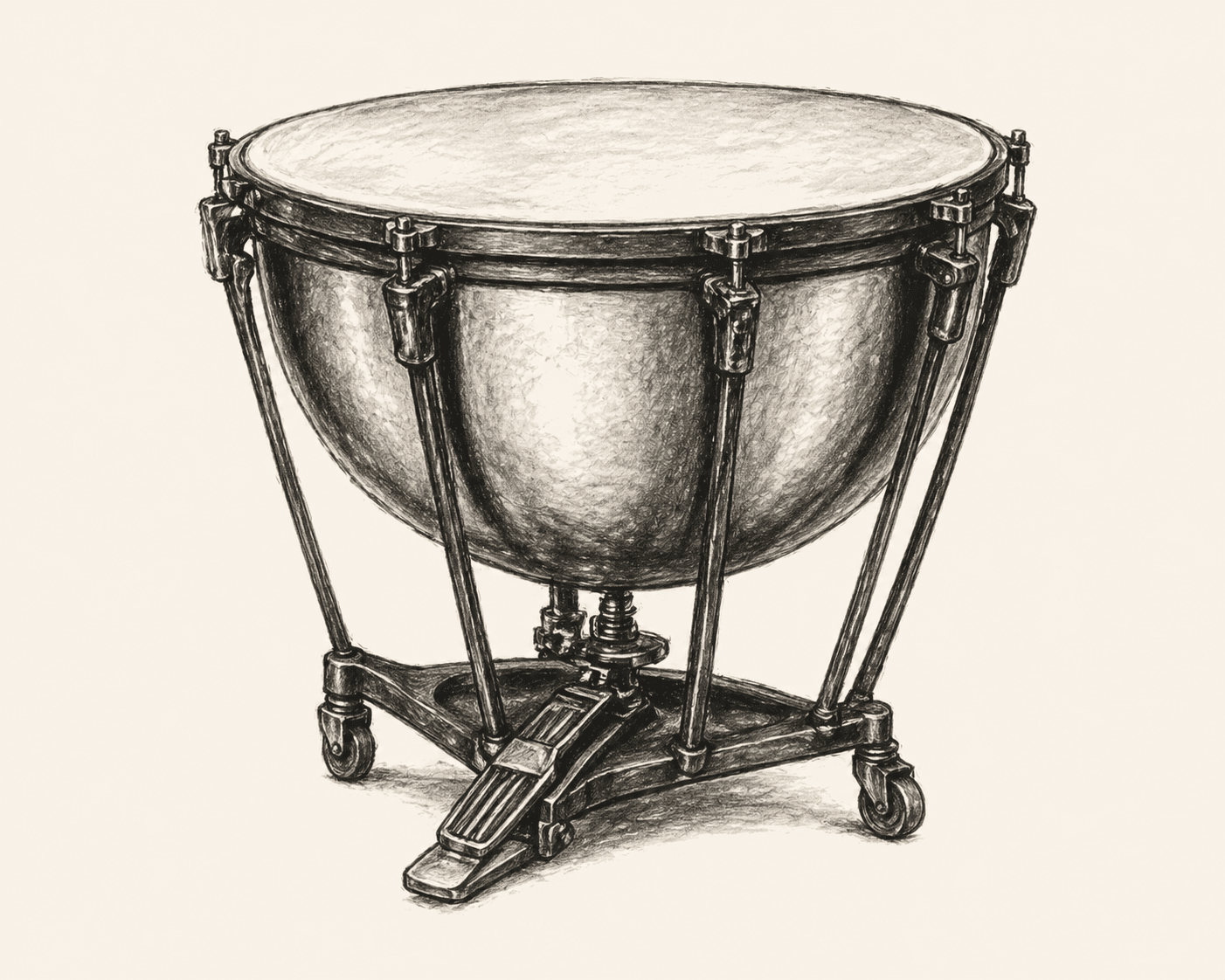 A pencil drawing of a single pedal timpano — a copper bowl on a wheeled frame, with tuning rods around the rim.