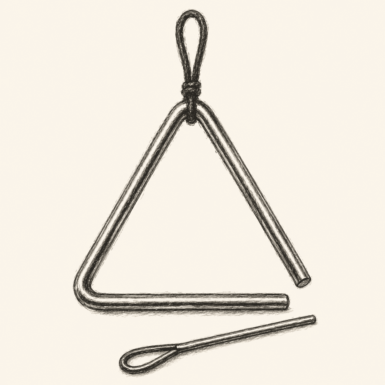A pencil drawing of a steel triangle suspended by a loop of cord, with its slender striking beater lying below.