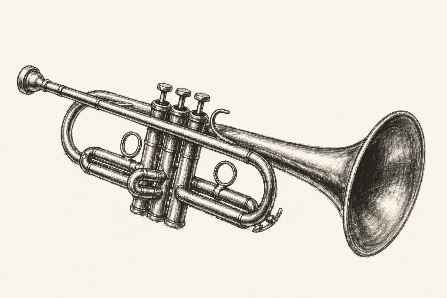 A pencil drawing of a tenor trombone, mouthpiece to bell.