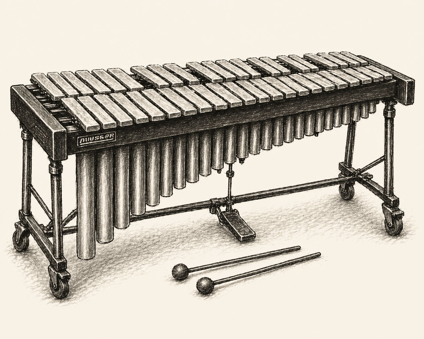 A pencil drawing of a vibraphone — graduated aluminium bars above tuned resonator tubes, with a damper pedal beneath and a pair of yarn mallets at rest.