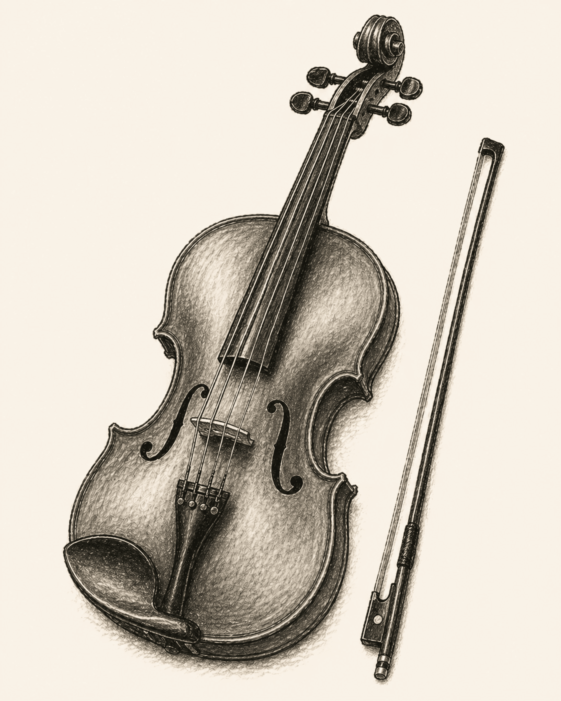 A pencil drawing of a viola, viewed from the front, with its bow laid alongside.