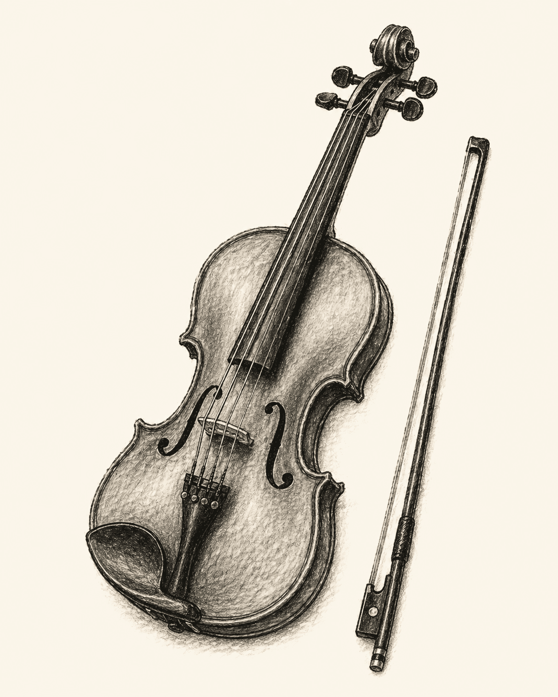 A pencil drawing of a violin laid beside its bow.