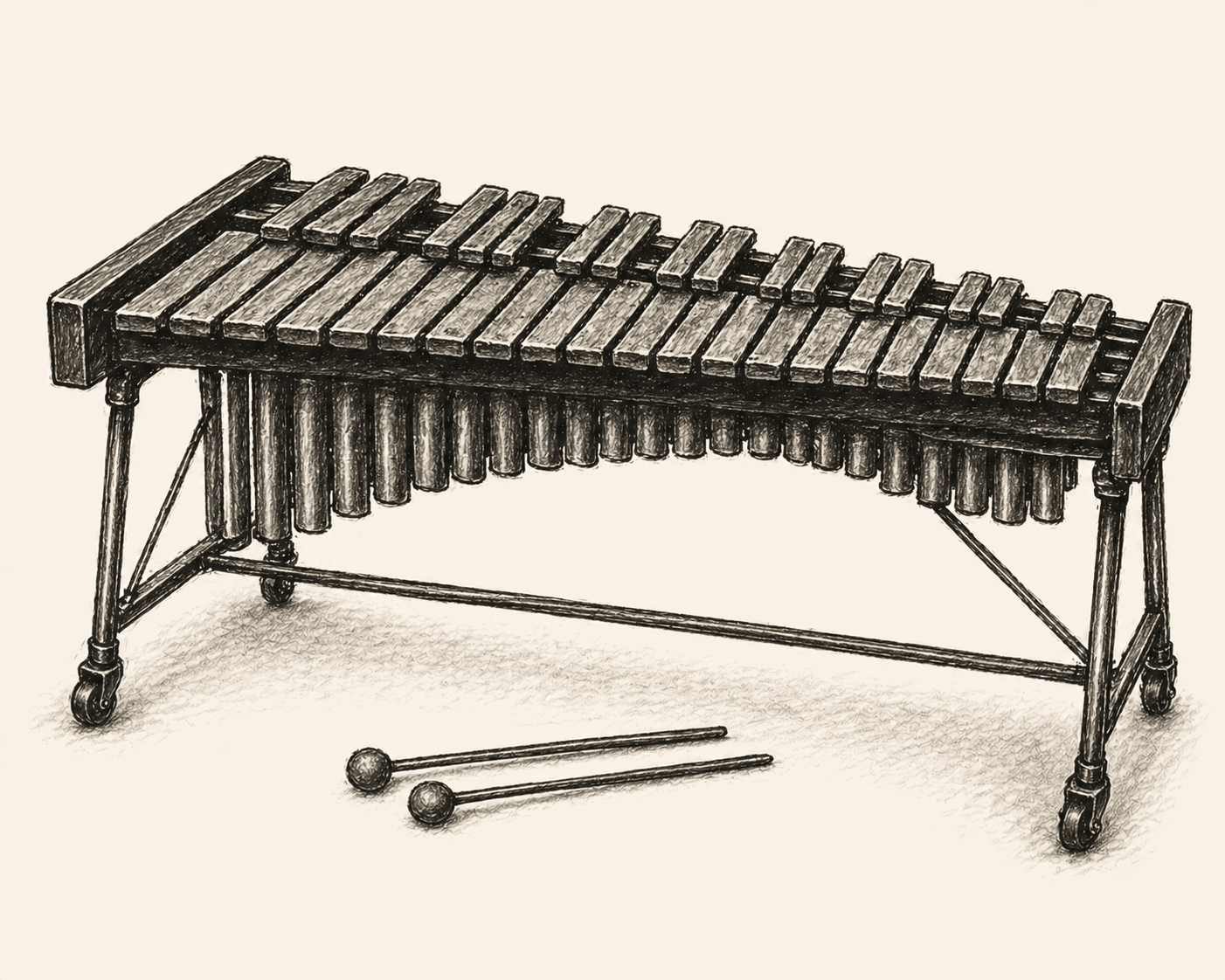 A pencil drawing of an orchestral xylophone, with rosewood bars and tuned tubular resonators below.